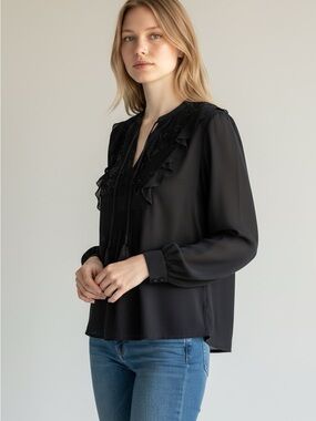 NWT ALC Blyth Silk Blouse Black Embroidered Tassel Top 4